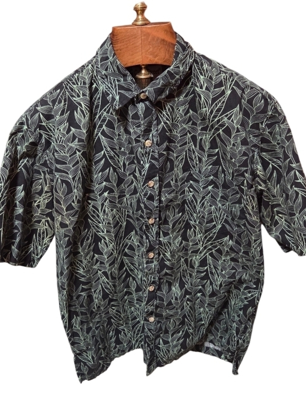 Cooke Street Hawaiian Aloha Button Up Black & Green Tropical Shirt Size Large